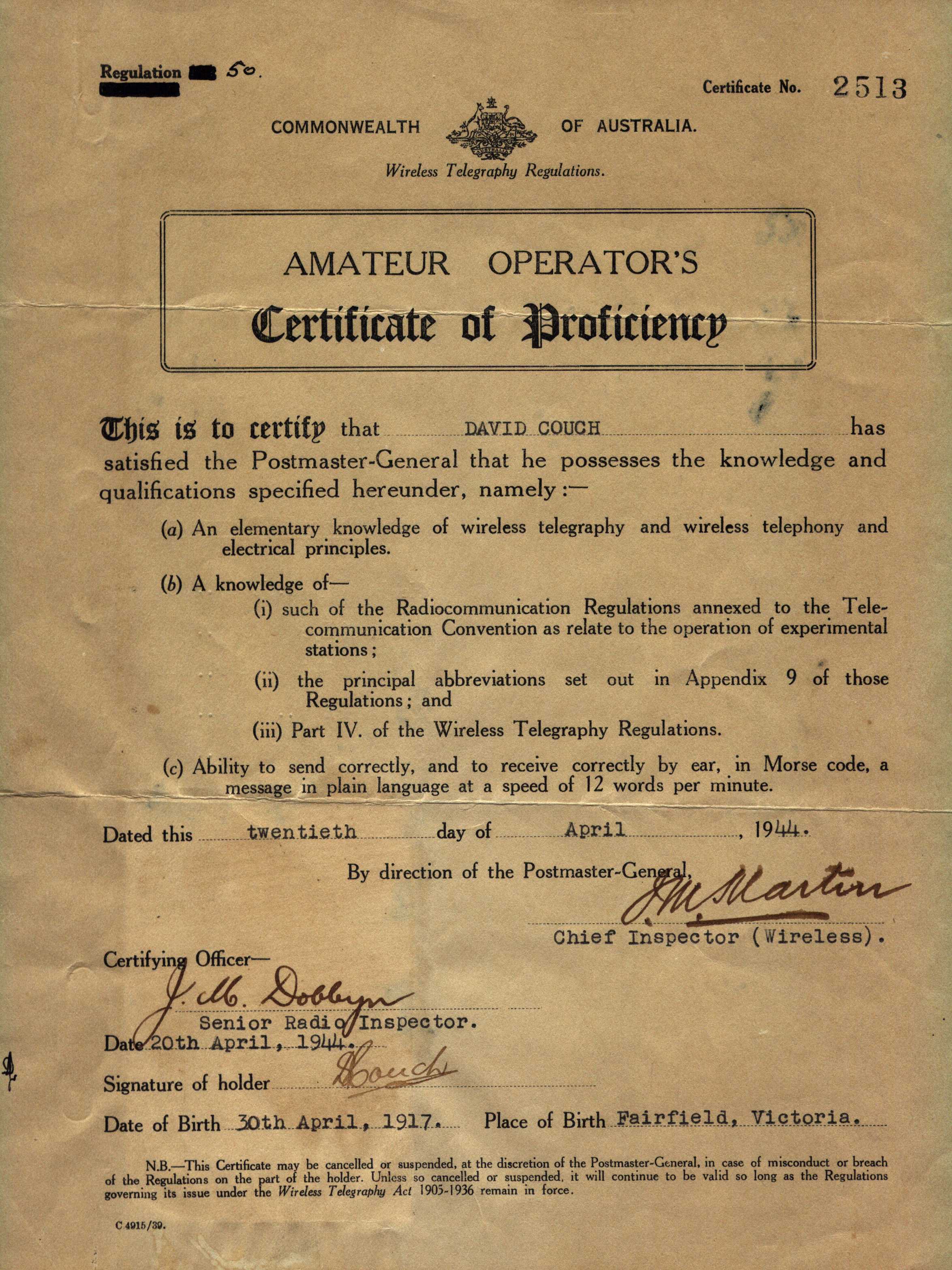David Couch AOCP Certificate 1944