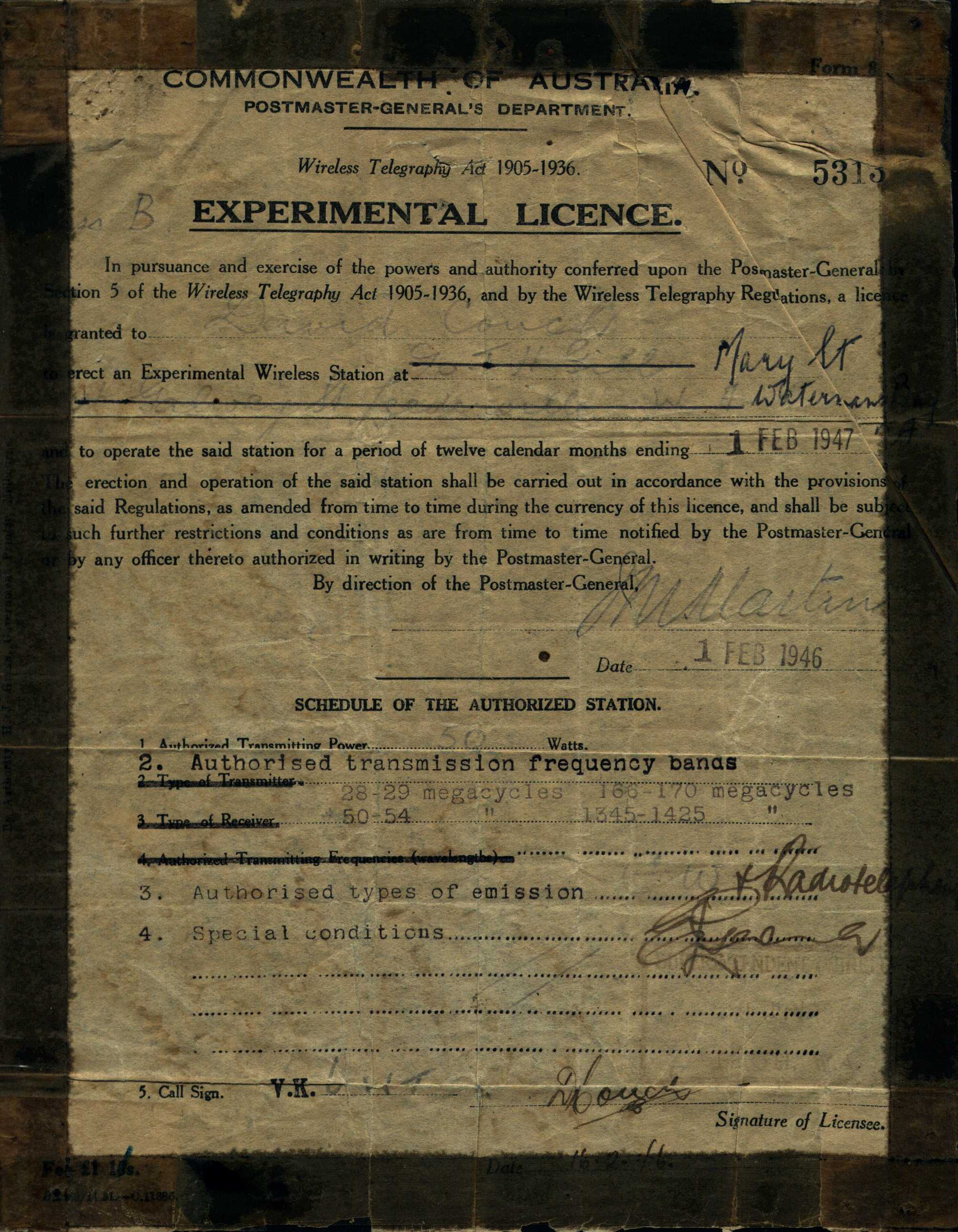 David Couch AR Experimental Licence 1946