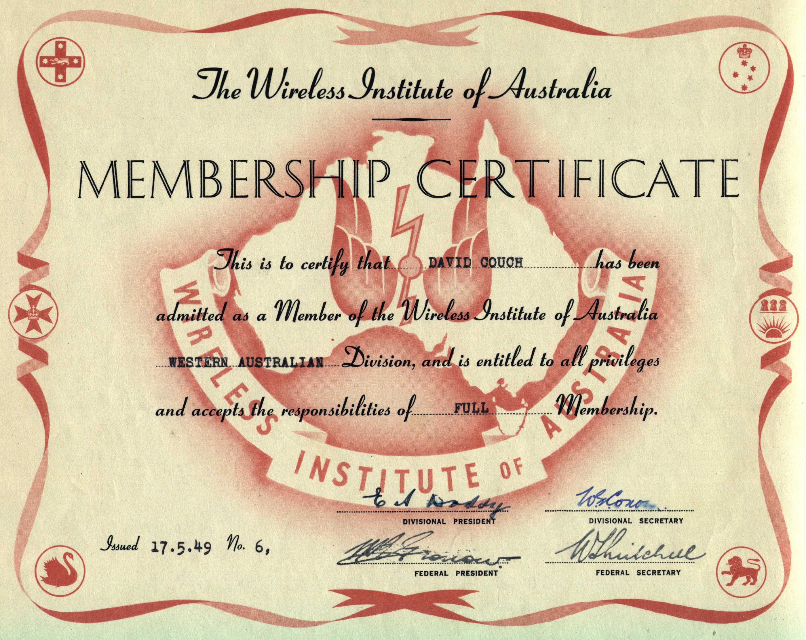 David Couch WIA WA Membership Certificate 1949